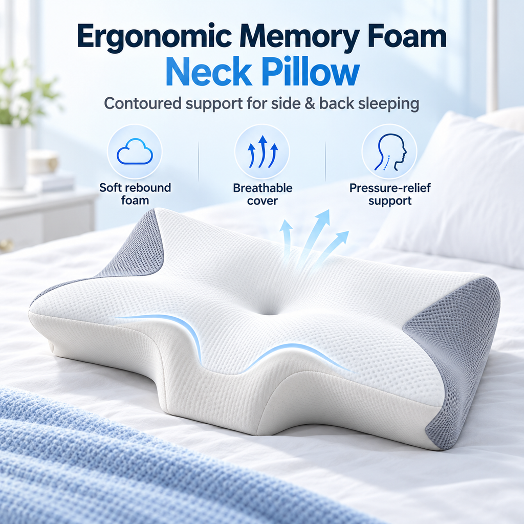 Ergonomic Memory Foam Neck Pillow - Contoured Sleep Support